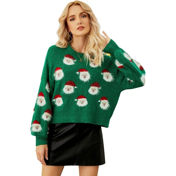 Women's Ugly Christmas Green Sweater Funny Santa Knit Pullover Holiday Party Top - Picture 1 of 5